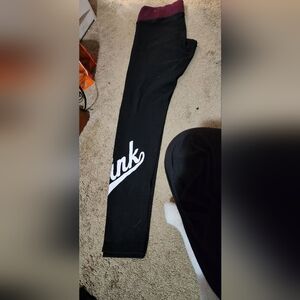 Victoria's Secret PINK Black Leggings with maroon waist and PINK on the leg